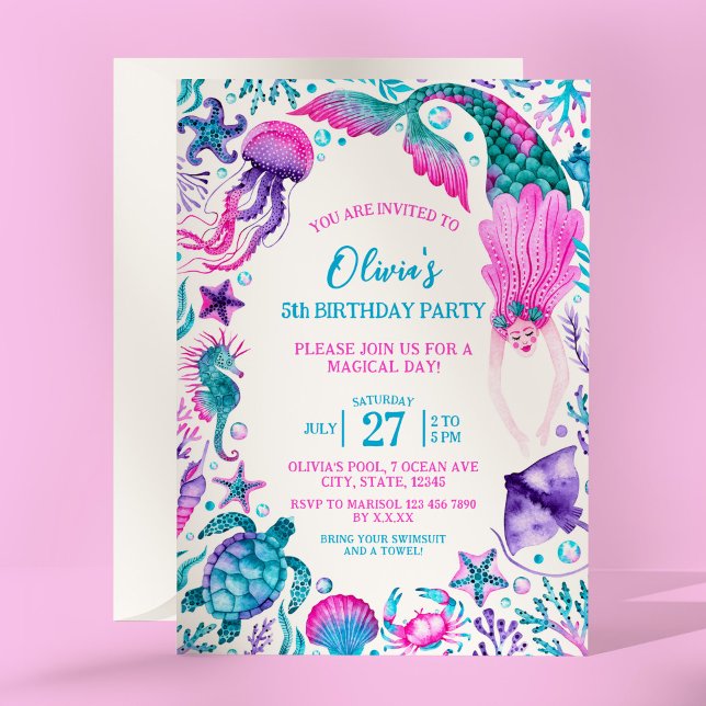 Invitation Sous l'aquarelle marine Fête d'anniversaire de la  (Under the Sea Watercolor Mermaid Birthday Party Invitation)