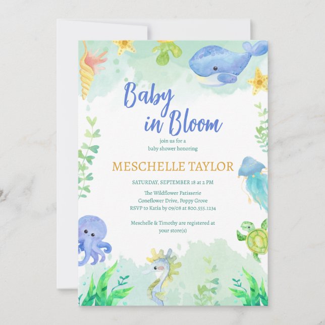 Invitation Sous le Baby shower bleu mer vert (Devant)
