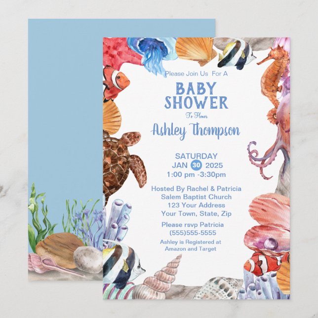 Invitation Sous le Baby shower bleu Sea Life (Devant / Derrière)