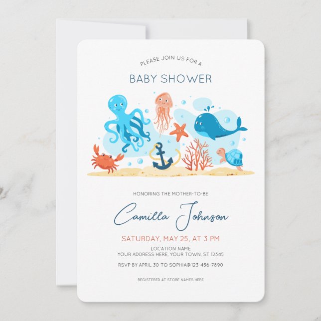 Invitation Sous le Baby shower d'animaux de l'océan marin (Devant)