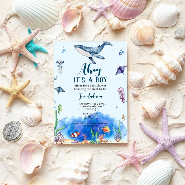 Invitation Sous le Baby shower d'aquarelle bleu marine pour g (Créateur téléchargé)