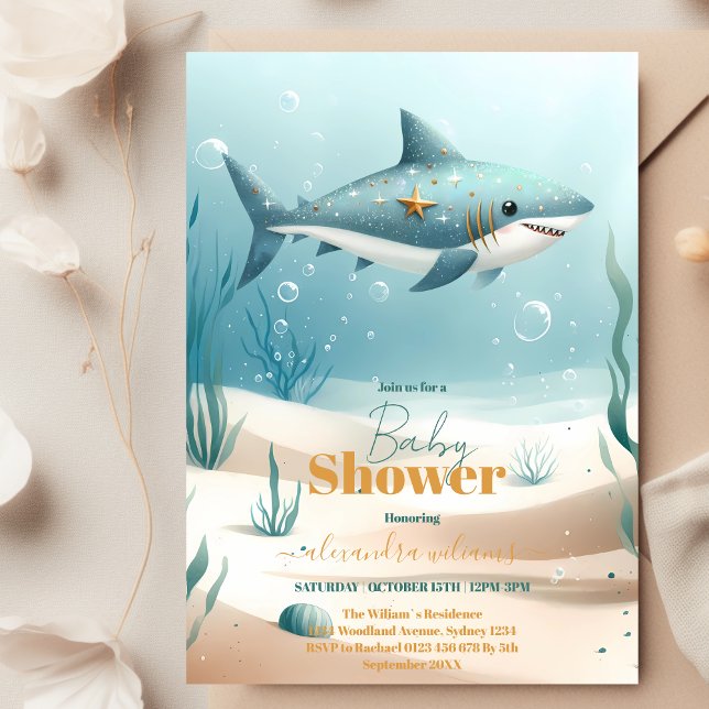 Invitation Sous le Baby shower d'aquarelle du requin marin (Créateur téléchargé)