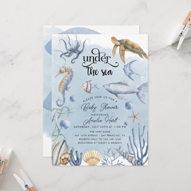 Invitation Sous le Baby shower de la mer (Devant/Arrière en situation)