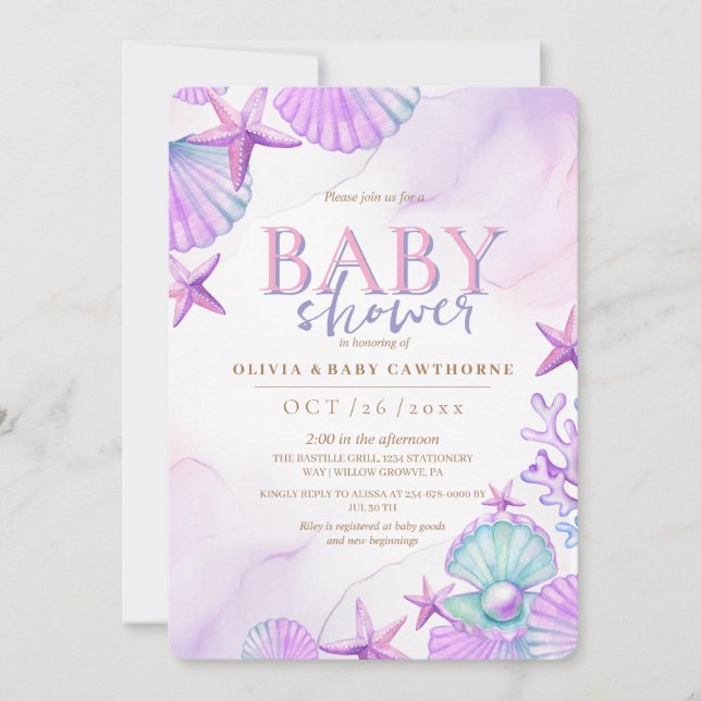 Invitation Sous le Baby shower de mer Océan Aquarelle rose (Devant)
