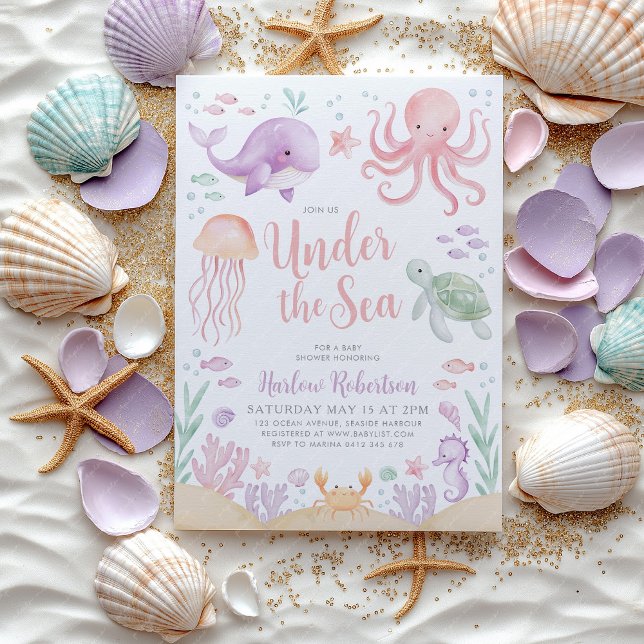 Invitation Sous le Baby shower de mer Ocean Girl brillant (Under the Sea Baby Shower girl Invitation | Ocean animal pink purple design.)