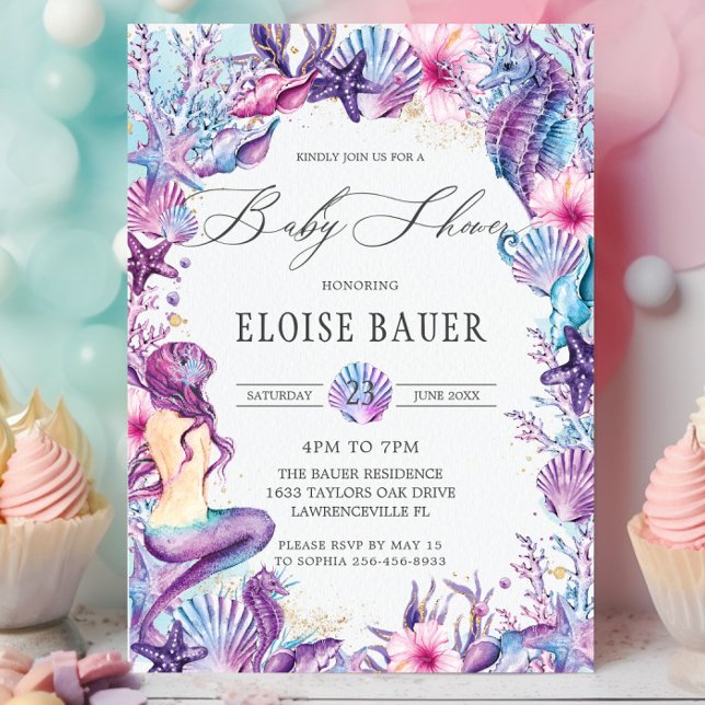 Invitation Sous le Baby shower de sirène de mer violet Turquo (purple-pink-mermaid-under-the-sea-shells-seahorses-baby-shower-invitation-cards-printed-digital)