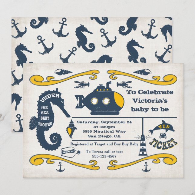 Invitation Sous le Baby shower nautique du billet de mer (Devant / Derrière)