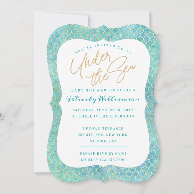 Invitation Sous le Baby shower Sea Aqua Blue Mermaid Scales (Devant)