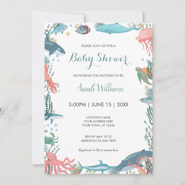 Invitation Sous le Baby shower Sea Cute Ocean Animaux RSVP (Devant)