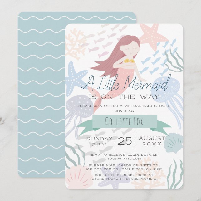 Invitation Sous le Baby shower virtuel vert de sirène de mer (Devant / Derrière)