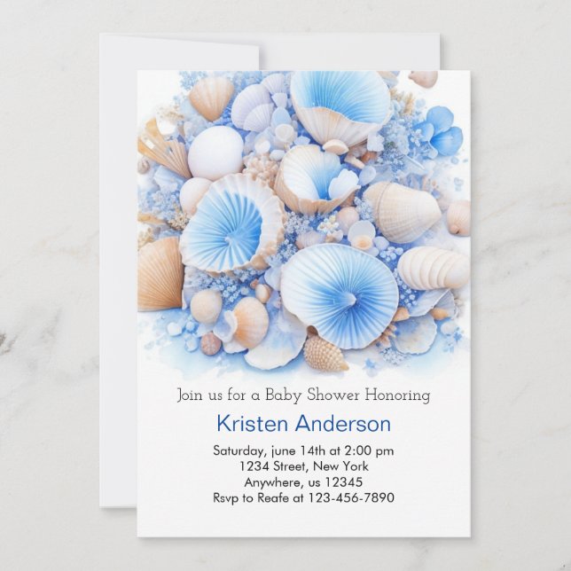 Invitation Sous le Baby shower Whimsical Blue Shell Boy (Devant)