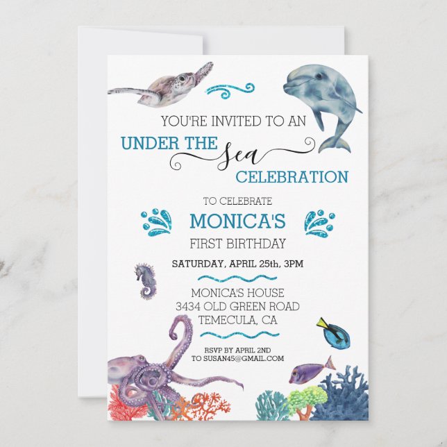 Invitation Sous le dauphin de mer Anniversaire Tortue de mer (Devant)