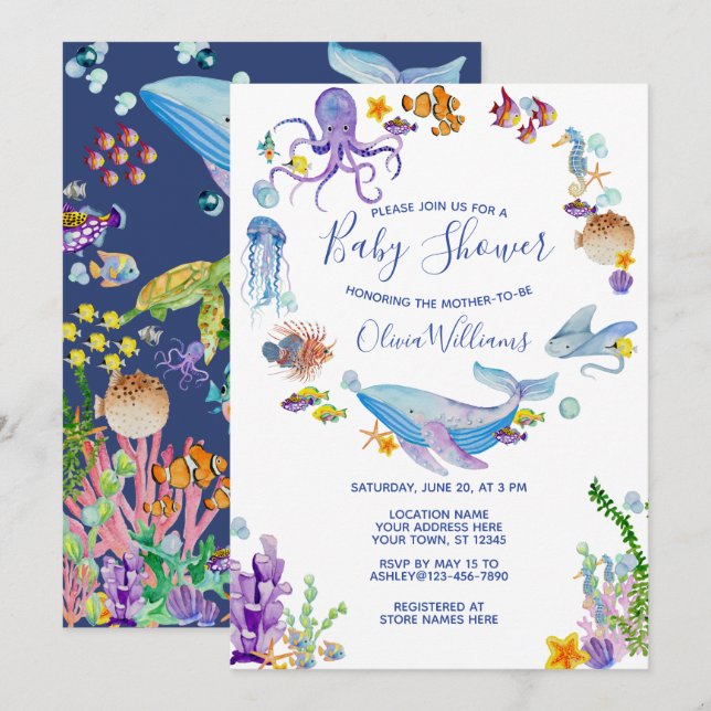Invitation Sous le script du Baby shower d'animaux de l'océan (Devant / Derrière)