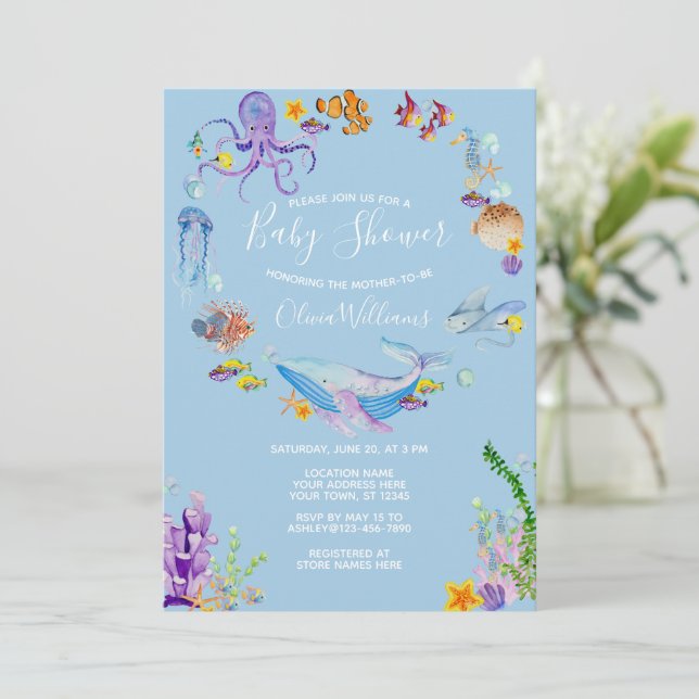 Invitation Sous le script du Baby shower d'animaux de l'océan (Debout devant)