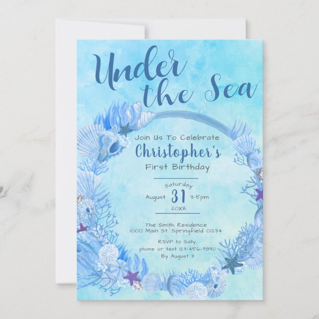 Invitation Sous le Sea Cute Blue Boy fête son 1er anniversair (Devant)