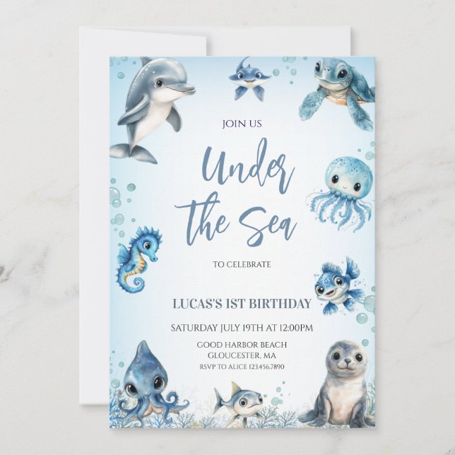 Invitation Sous le Sea Ocean Blue Boy 1er anniversaire (Devant)