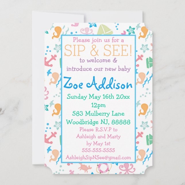 Invitation Sous le Sip de bébé de mer et voyez (Devant)