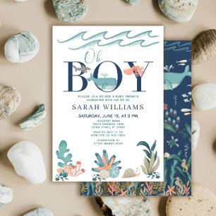 Invitation Sous l'eau bleu aquarelle Oh garçon Baby Shower