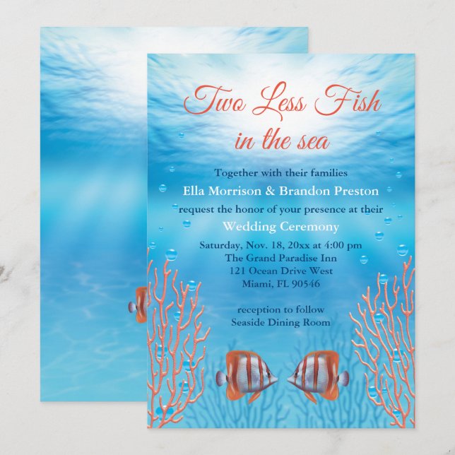 Invitation Sous l'eau deux poissons de moins dans le Mariage  (Devant / Derrière)