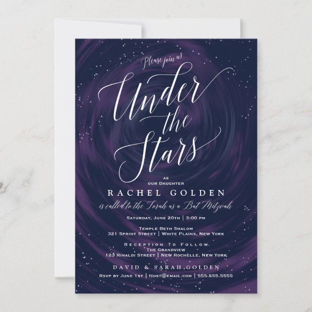 Invitation Sous les étoiles Élégante célébration Bat mitzvah (Devant)