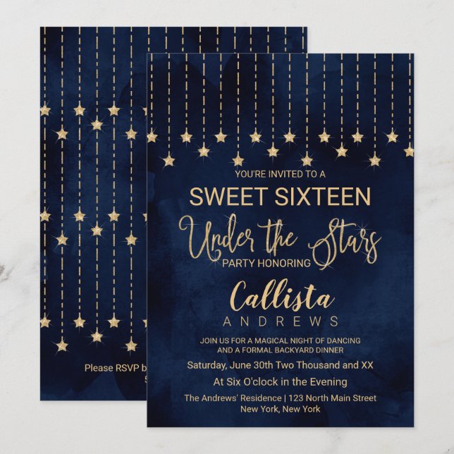 Invitation Sous les étoiles Marine Blue Gold Sparkles Sweet 1 (Devant / Derrière)