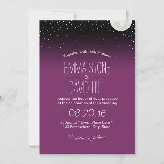 Invitation Sous les étoiles violet Mariage (Devant)