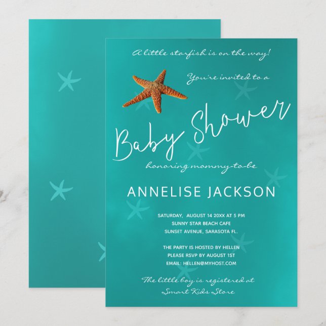Invitation Sous l'étoile de mer baby shower bleu océan (Devant / Derrière)