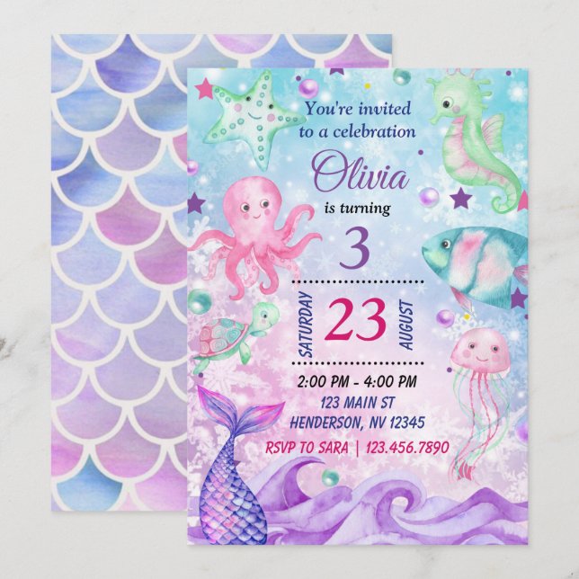 Invitation Sous l'invitation d'anniversaire de la mer, Invita (Devant / Derrière)