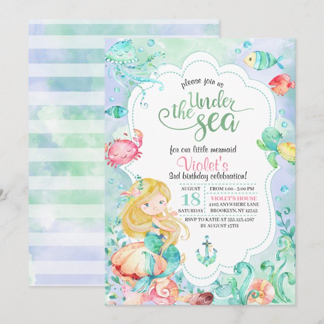 Invitation Sous l'invitation d'anniversaire de la sirène de m (Devant / Derrière)
