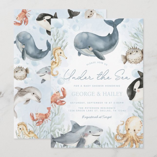 Invitation Sous l'invitation du Baby shower des baleines mari (Devant / Derrière)