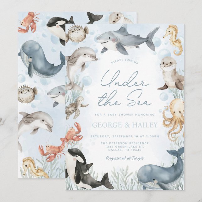 Invitation Sous l'invitation du Baby shower des baleines mari (Devant / Derrière)