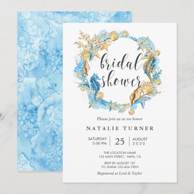 Invitation Sous l'invitation Sea Blue & Gold Bridal Shower (Devant / Derrière)
