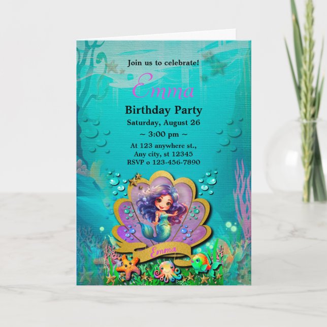 Invitation Sous l'océan & Fête d'anniversaire de fille sirène (Devant)