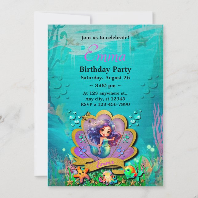 Invitation Sous l'océan & Fête d'anniversaire de fille sirène (Devant)