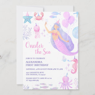 Invitation Sous l'Océan Fille Sirène 1er Anniversaire Pastel