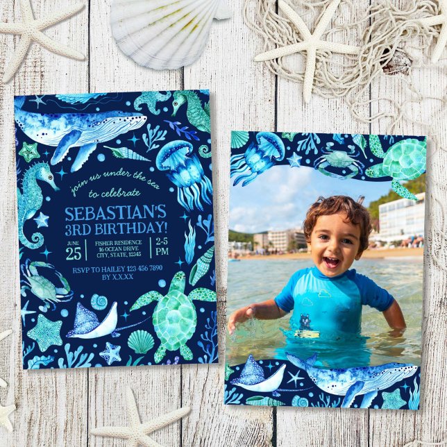 Invitation Sous l'océan Mer Animal bleu foncé Photo (Under The Sea Ocean Sea Animal Dark Blue Photo Invitation)