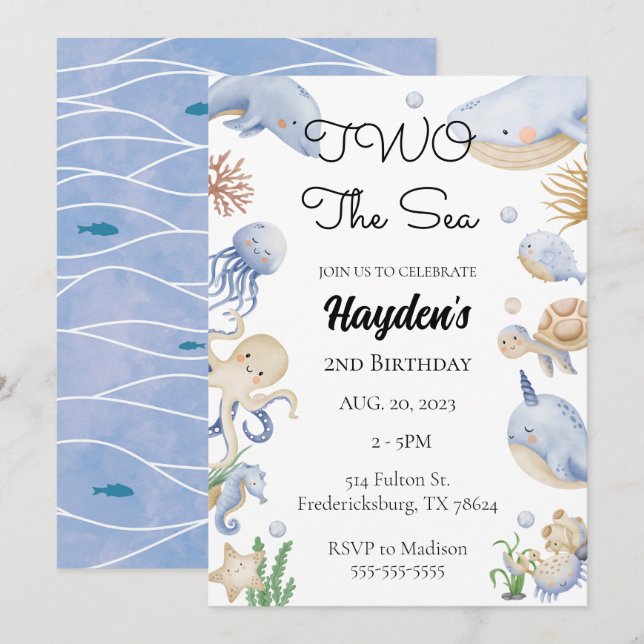 Invitation Sous l'océan Mer Animaux Garçons 2e anniversaire (Devant / Derrière)