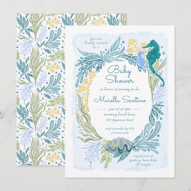 Invitation Sous l'océan Mer Vagues Seahorse Baby Boy (Devant / Derrière)