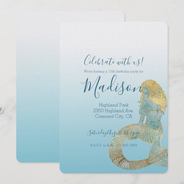 Invitation Soyez génial Gold Aqua Sparkle Mermaid (Devant / Derrière)