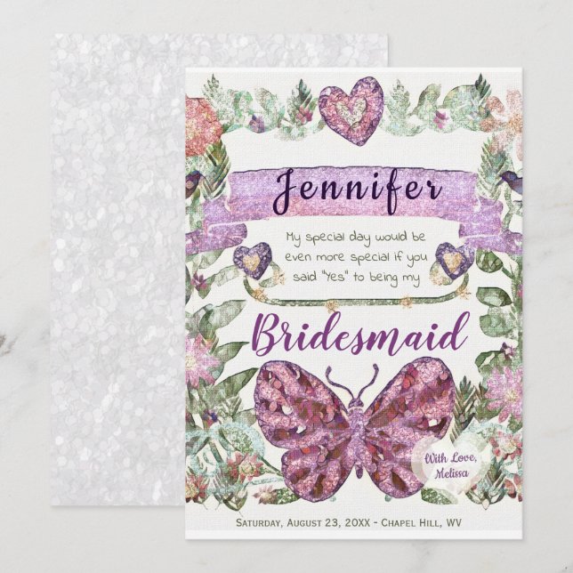 Invitation Soyez ma femme d'honneur avec coeur (Devant / Derrière)