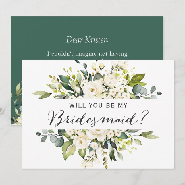 Invitation Soyez ma femme d'honneur Roses blanches Bouquet fl (Devant / Derrière)
