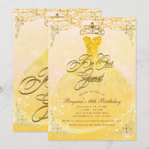 Invitation Soyez notre invité Princess Yellow & Gold Sweet 16