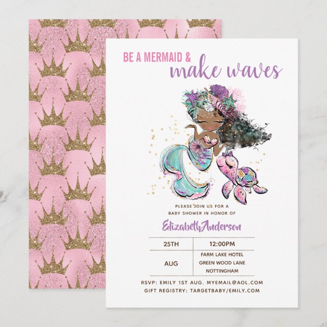 Invitation Soyez une sirène et faites Baby shower aux filles  (Devant / Derrière)