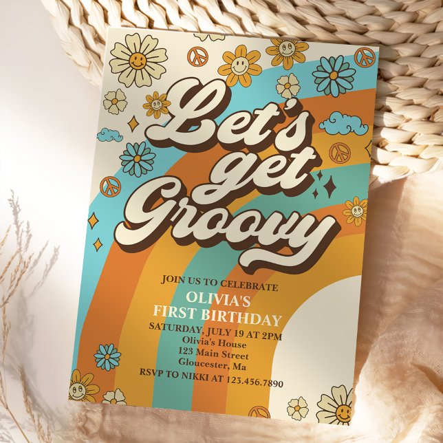 Invitation Soyons Super Retro Rainbow 1er anniversaire fête (Créateur téléchargé)