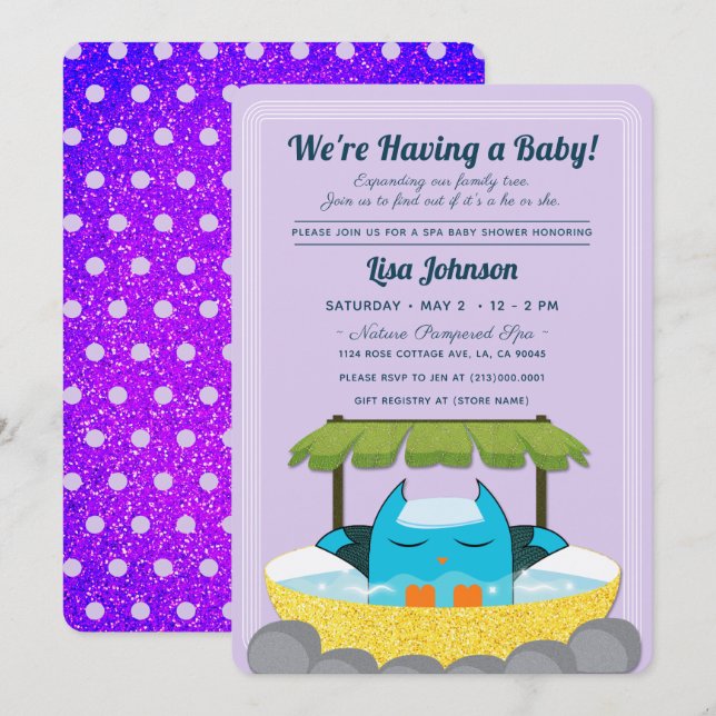 Invitation Spa de Parties scintillant violette Pois de la Cho (Devant / Derrière)