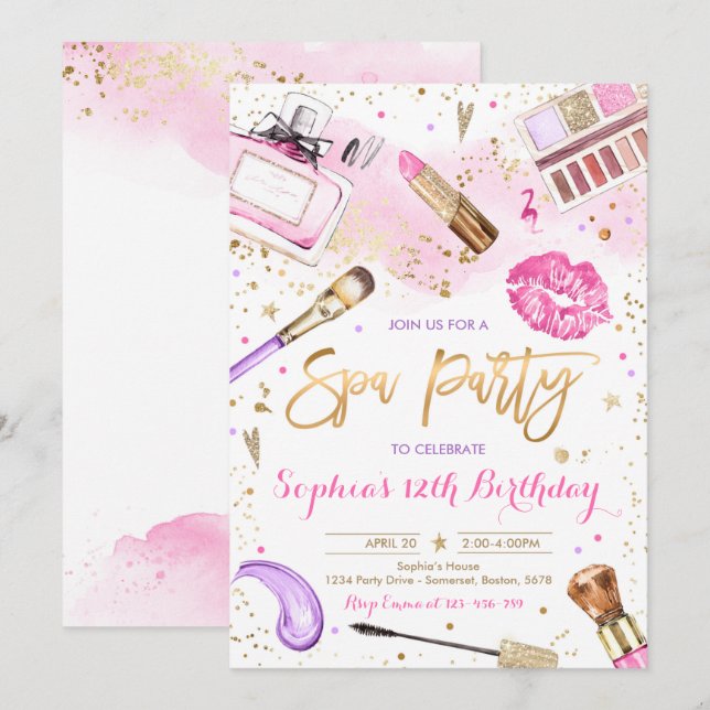 Invitation Spa Maquillage fête d'anniversaire Blush rose Glam (Devant / Derrière)