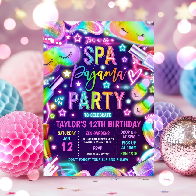 Invitation Spa Pajama Neon Spa et couchette fête d'anniversai (Créateur téléchargé)