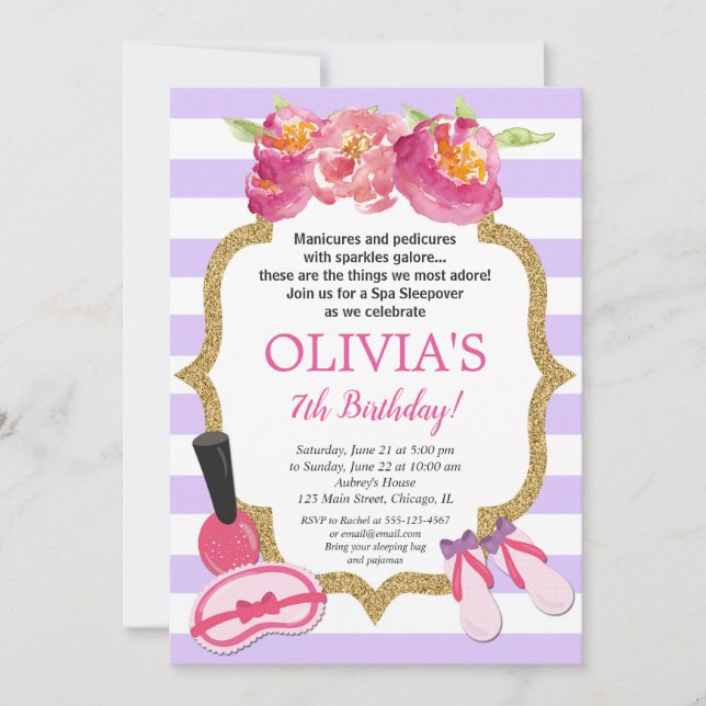Invitation Spa violet et or Sleepover fête d'anniversaire (Devant)