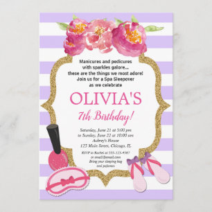 Invitation Spa violet et or Sleepover fête d'anniversaire