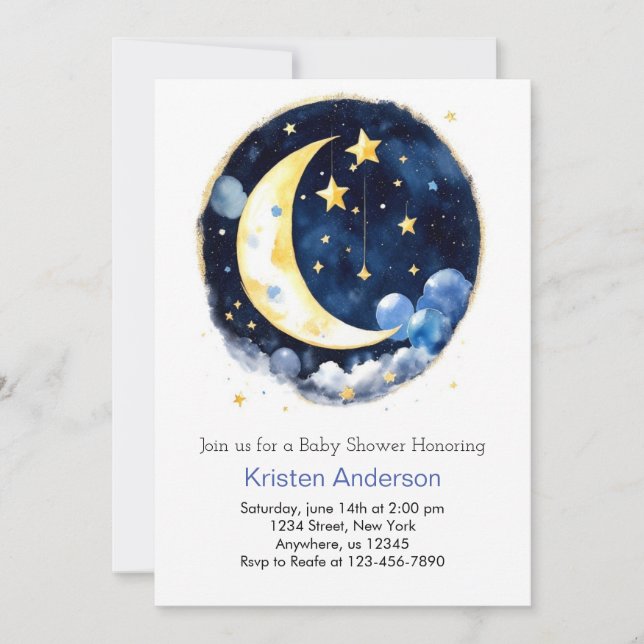 Invitation Space Adventure Moon et Stars Boy Baby shower (Devant)